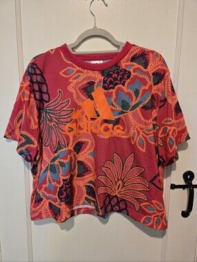 adidas x Farm Rio Bright Pink & Orange Floral Logo Short Sleeve Tee Size XL